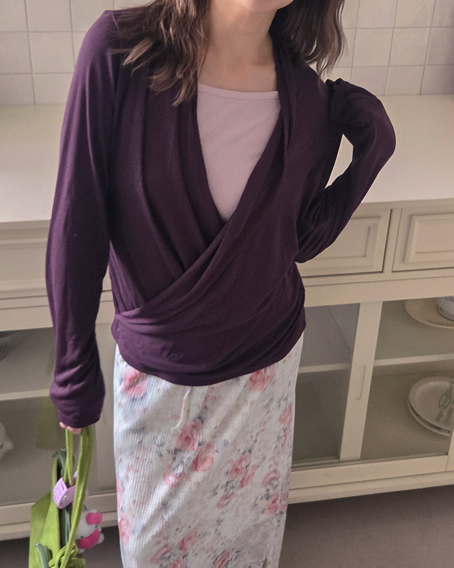 wrap drape neck long sleeve top