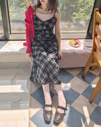 check frill long dress