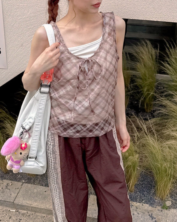 sheer check sleeve less top