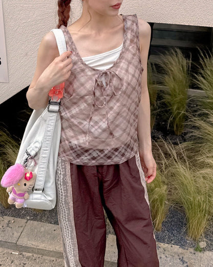 sheer check sleeve less top