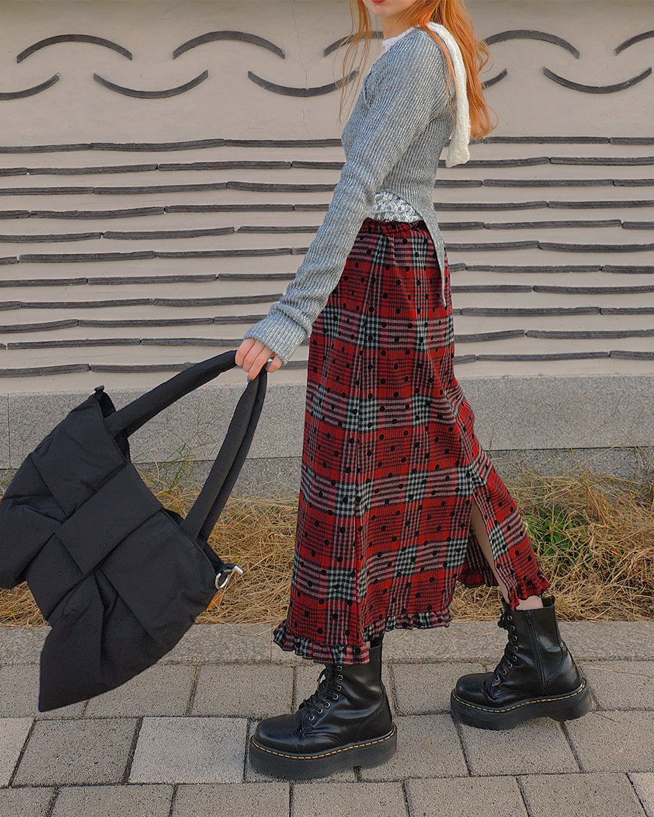 dot check frill middle skirt