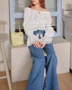 off shoulder shirring flared sleeves blouse