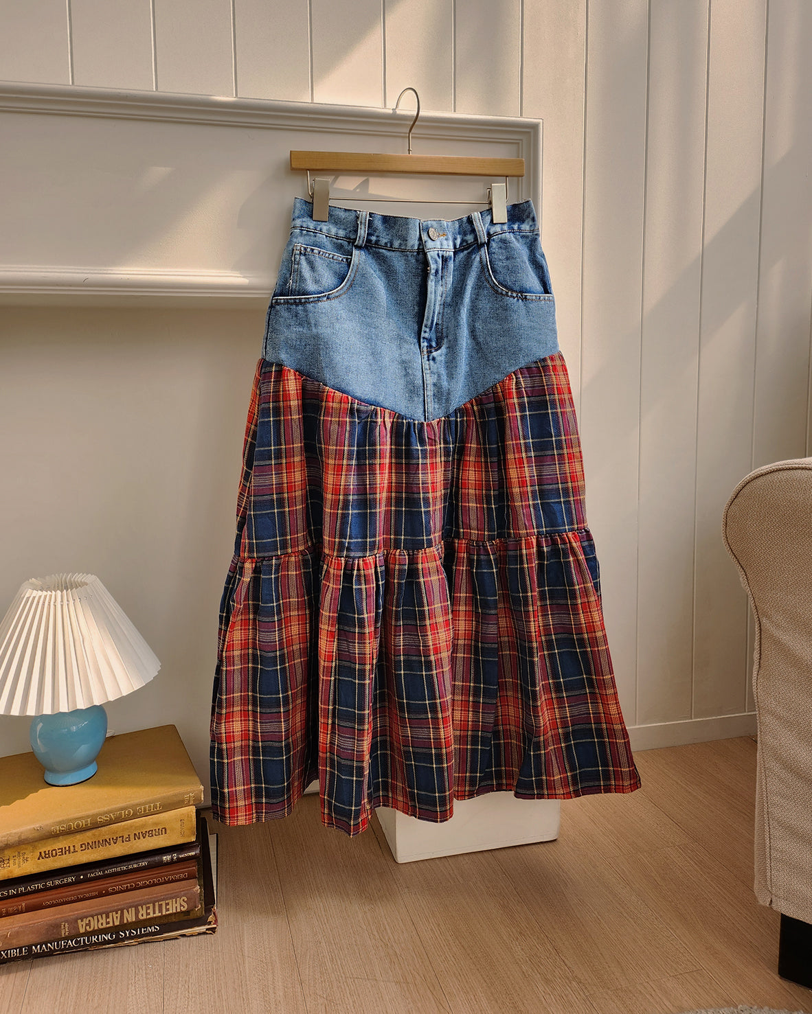 denim switching check skirt