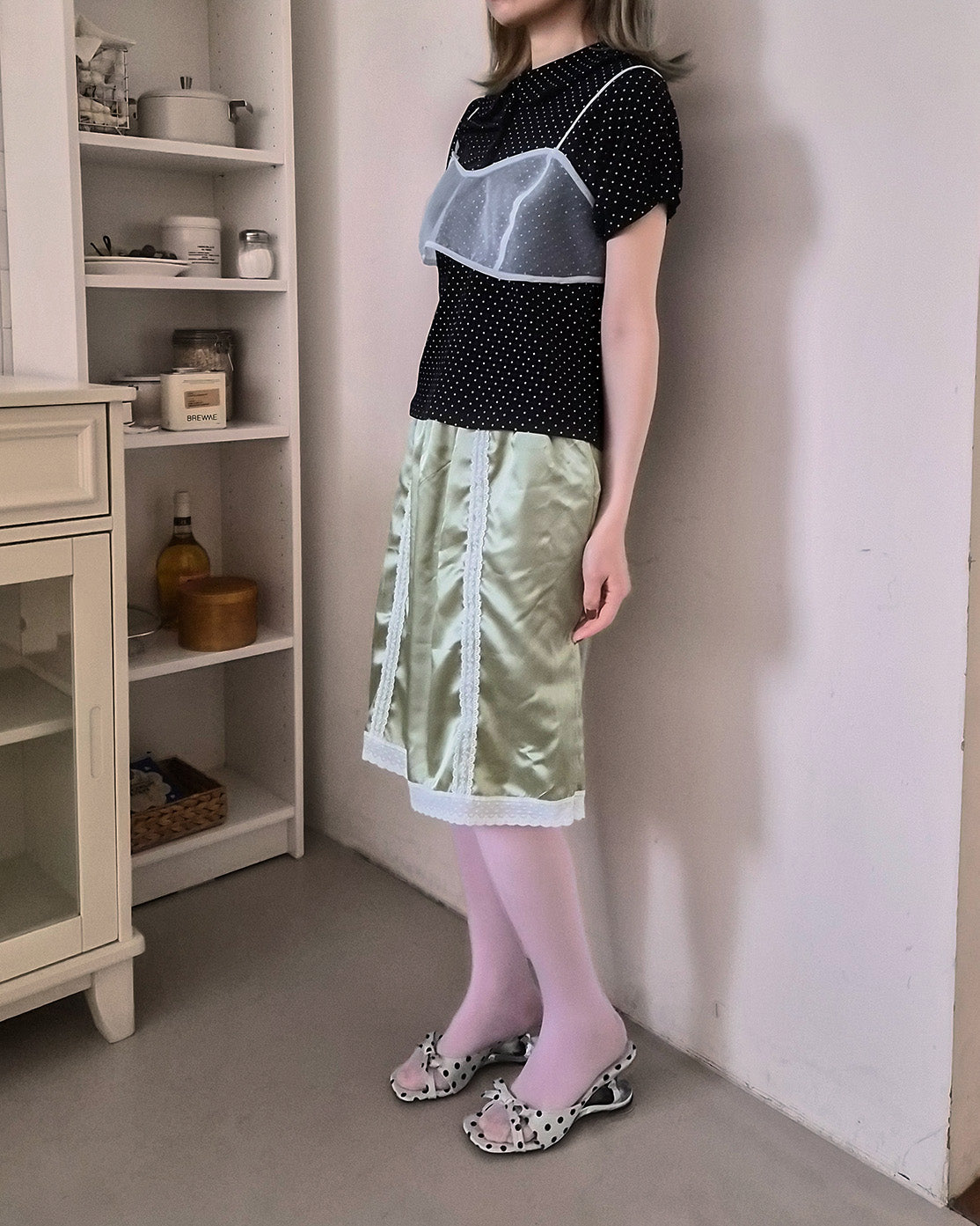 satin lace point midi skirt