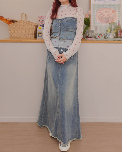 pocket fringe denim long skirt