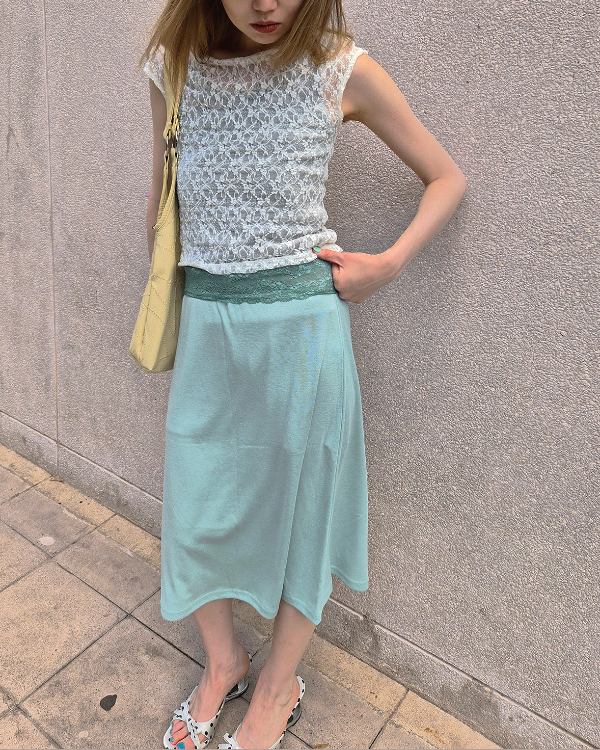 waist lace midi flare skirt