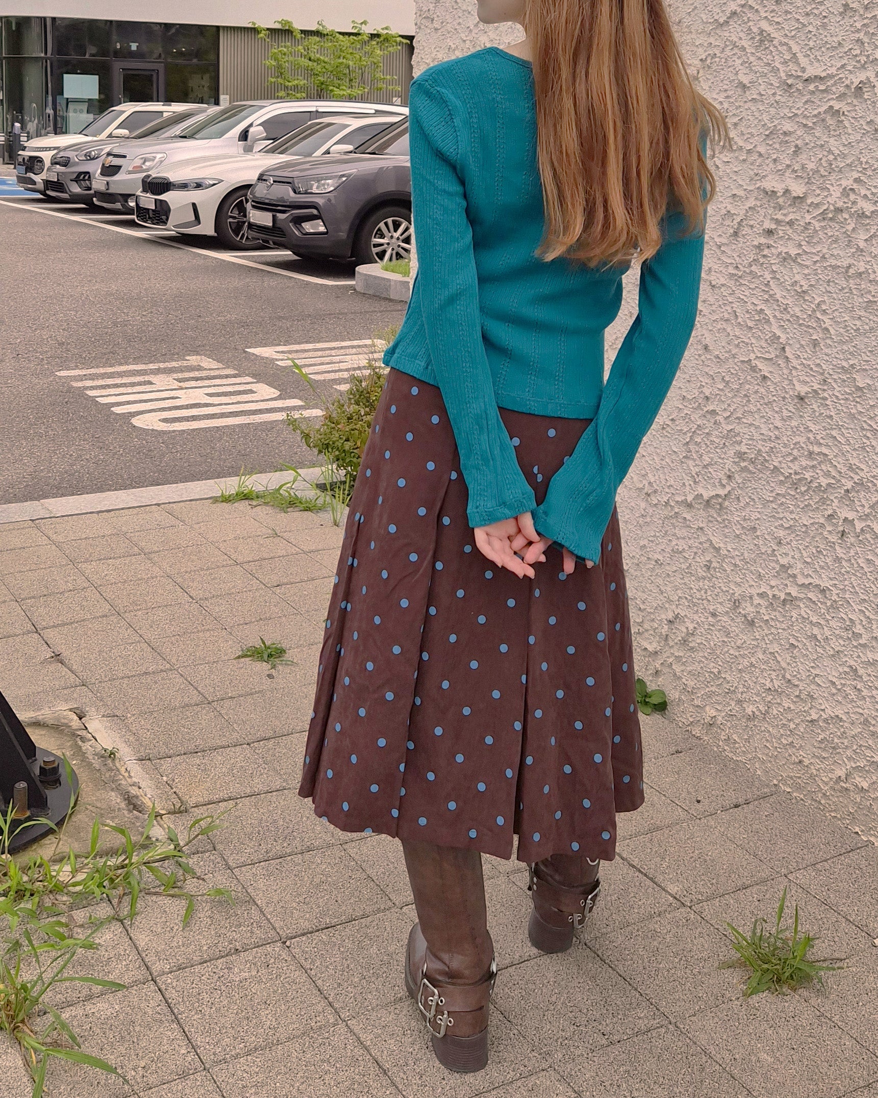 dot pleated midi skirt