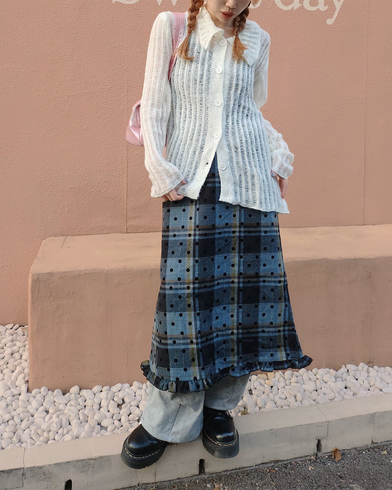 dot check frill middle skirt