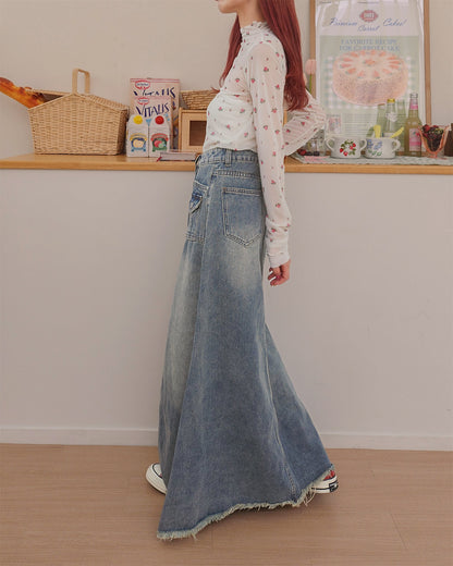 pocket fringe denim long skirt