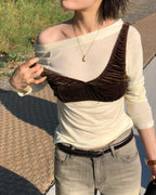 velvet shirring V neck bustier