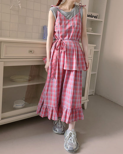 check frill belt long dress