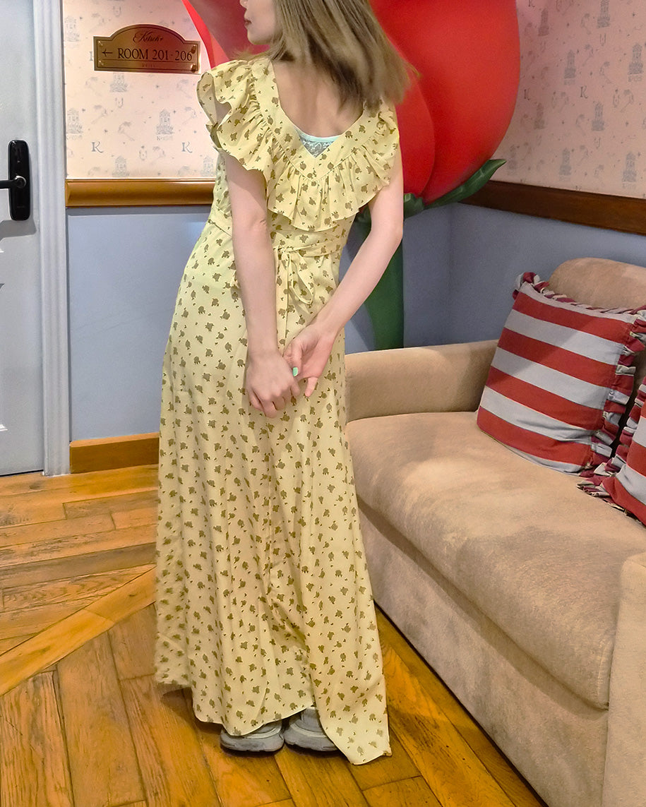 rose pattern frill long dress