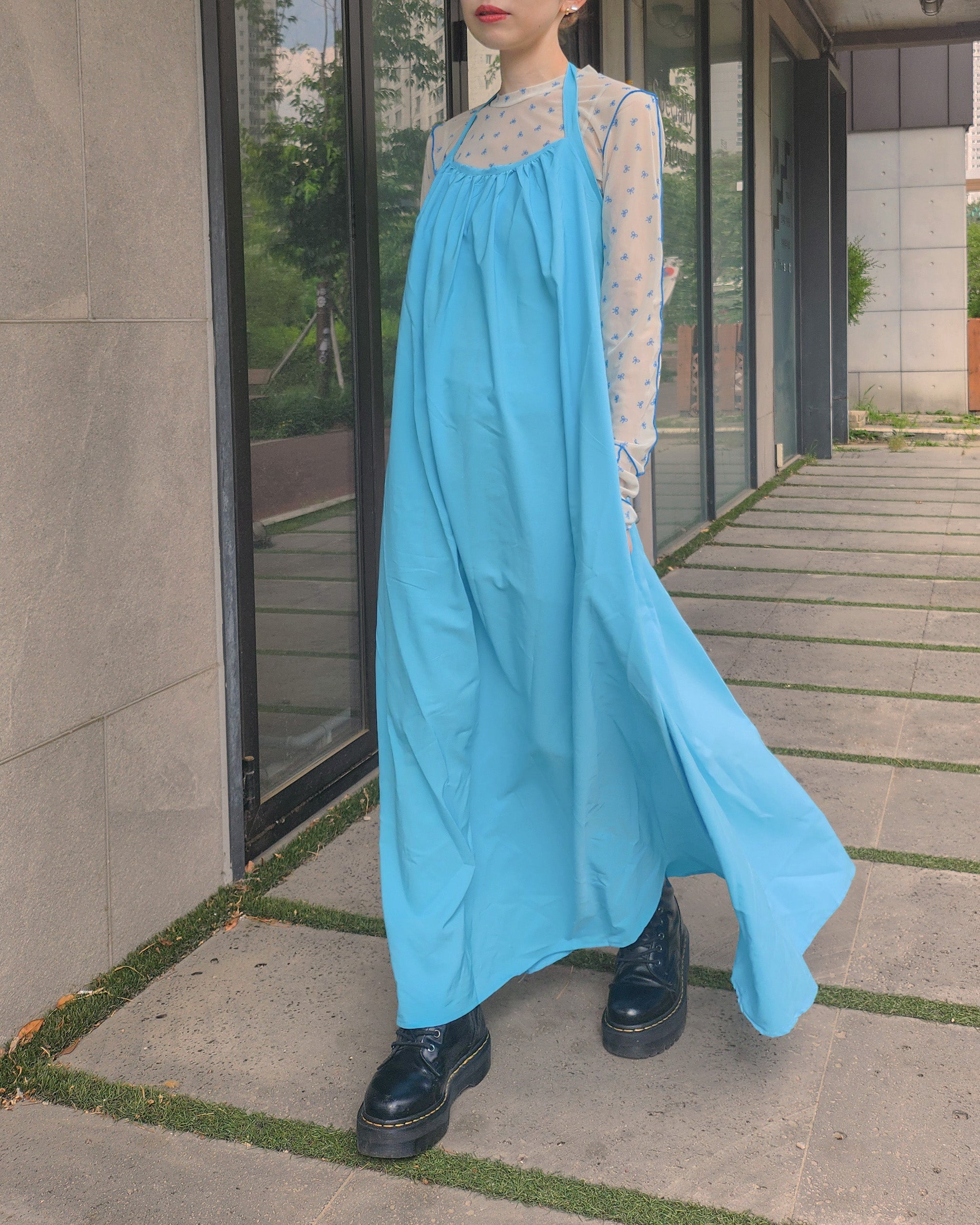 halter neck back open long dress