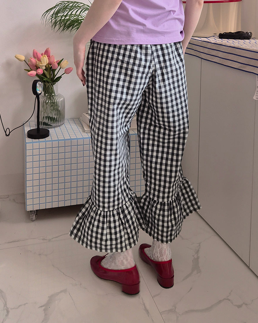 gingham check hem frill pants