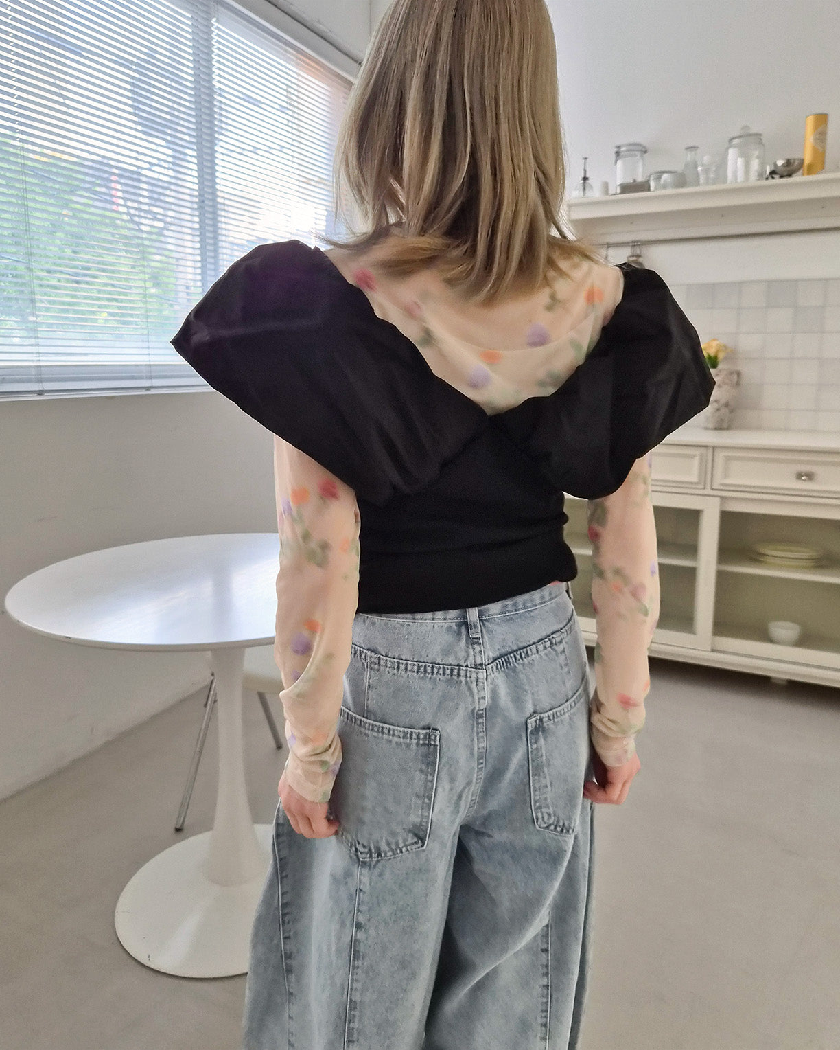 blurred flower sheer long sleeve T
