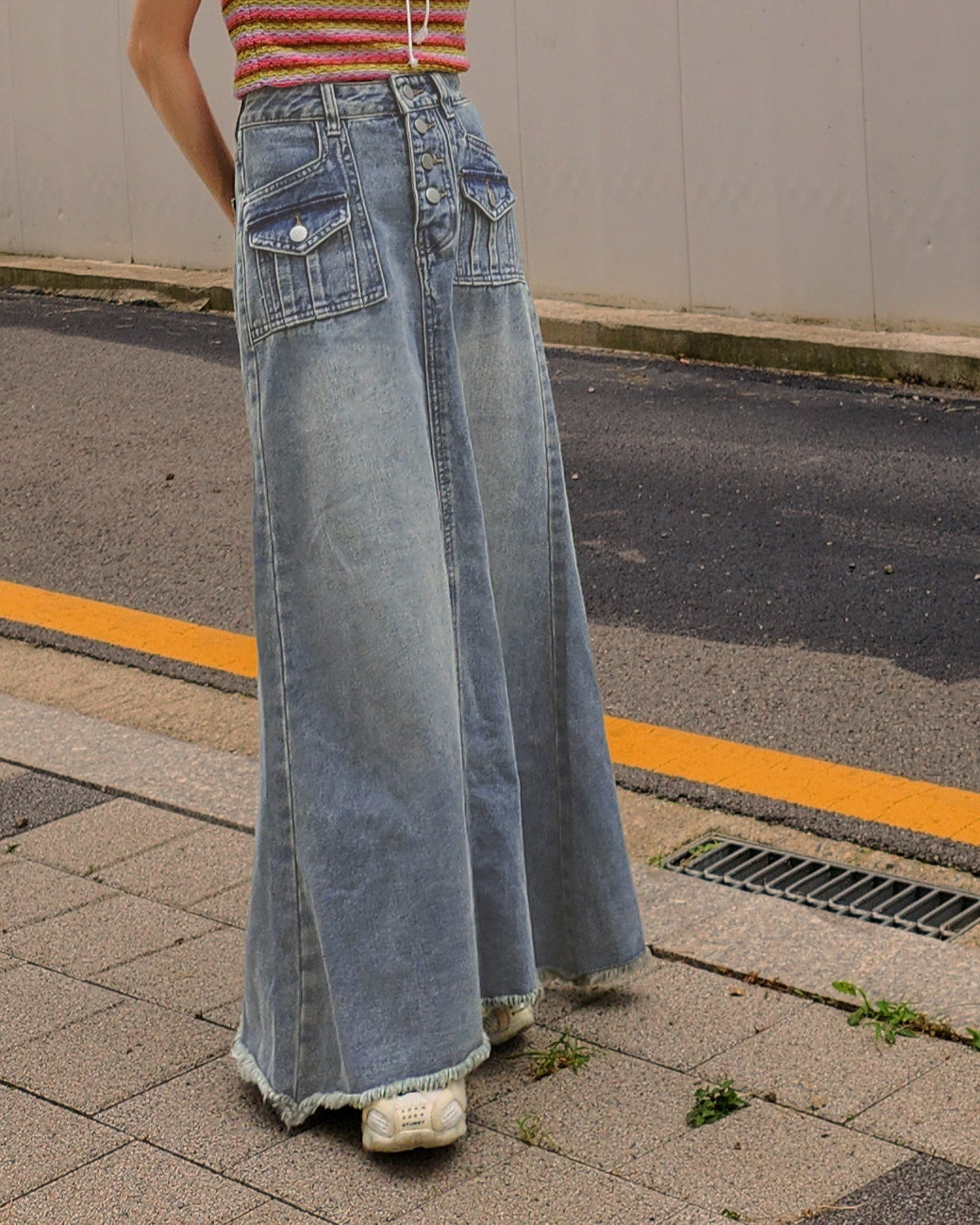 pocket fringe denim long skirt