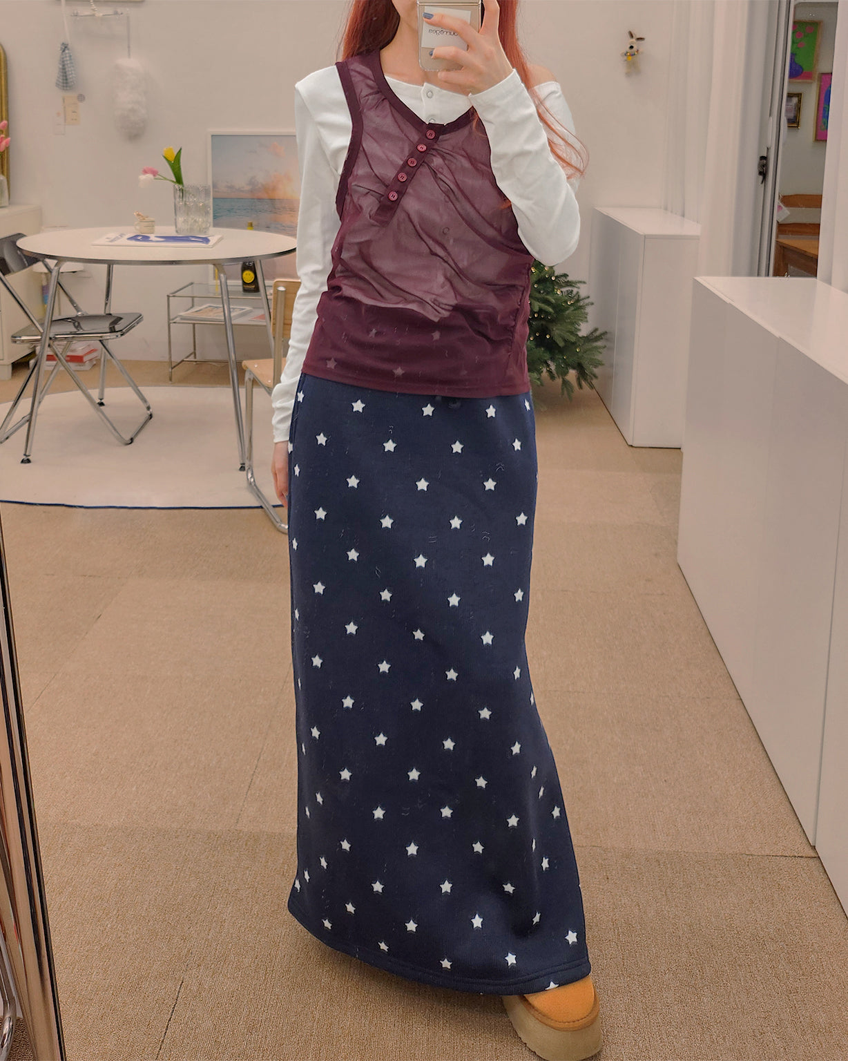 star pattern knit long skirt