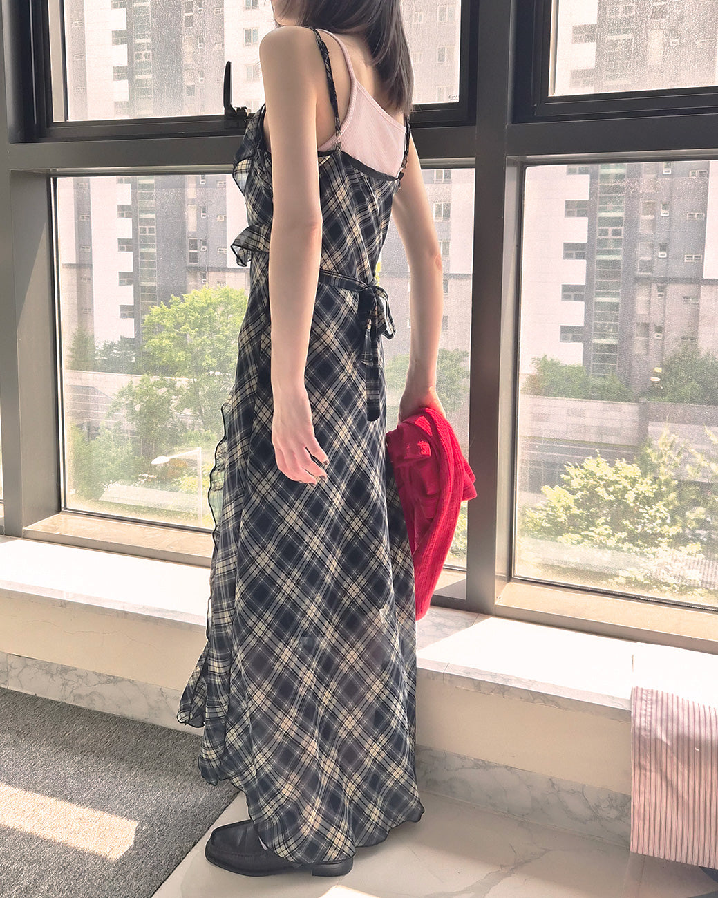check frill long dress