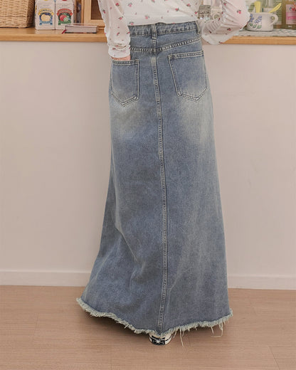 pocket fringe denim long skirt