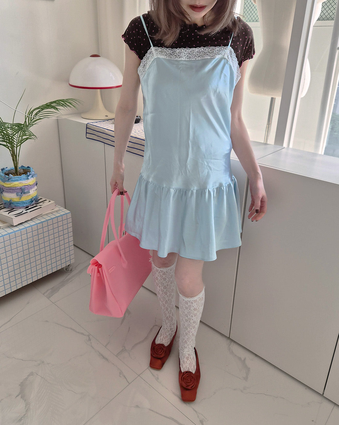 lace satin flare mini dress