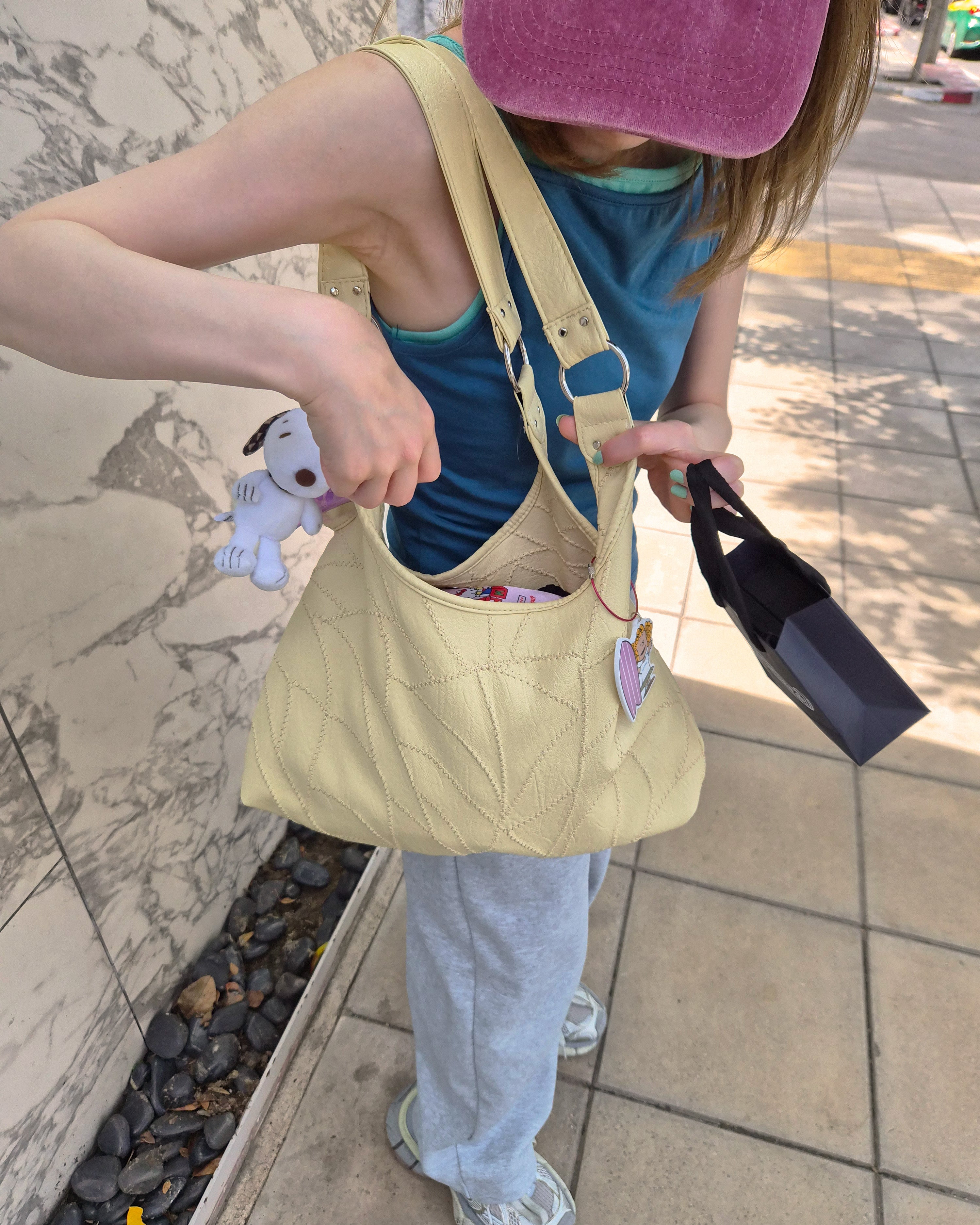 stitch pattern faux leather shoulder bag