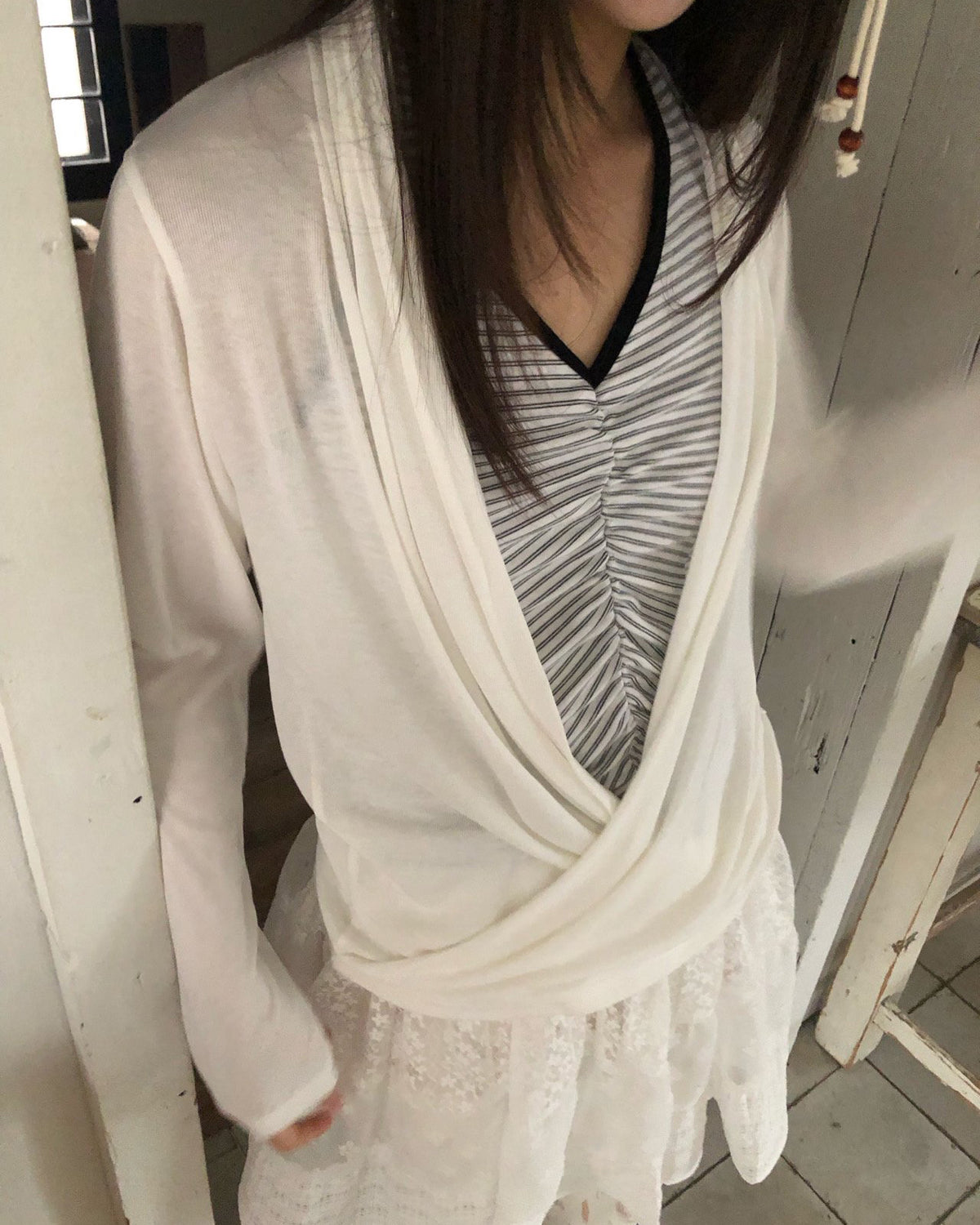 wrap drape neck long sleeve top