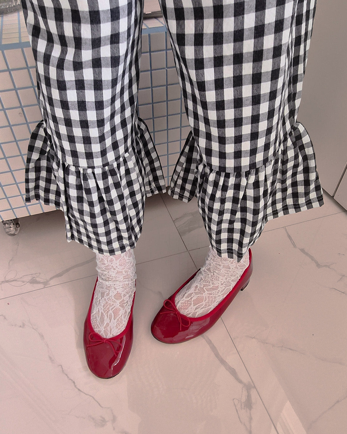gingham check hem frill pants