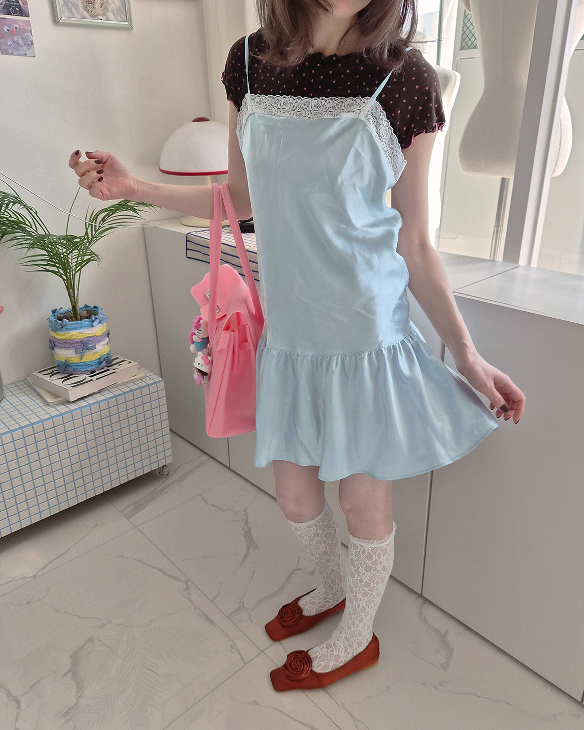 lace satin flare mini dress