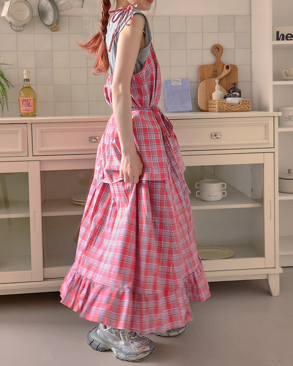 check frill belt long dress