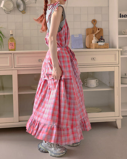 check frill belt long dress