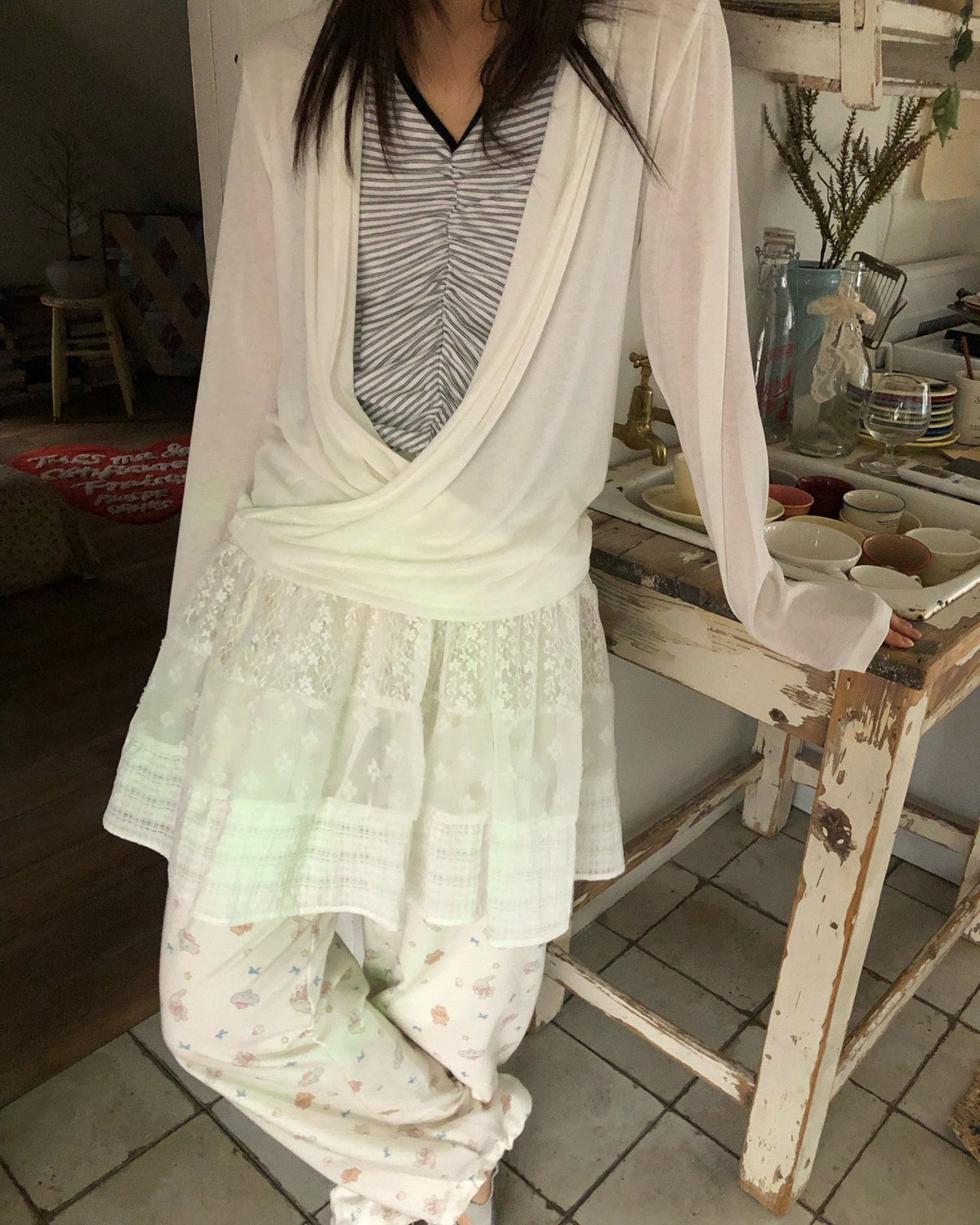 wrap drape neck long sleeve top
