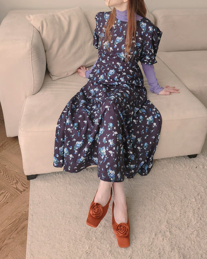 flower puff sleeve long dress