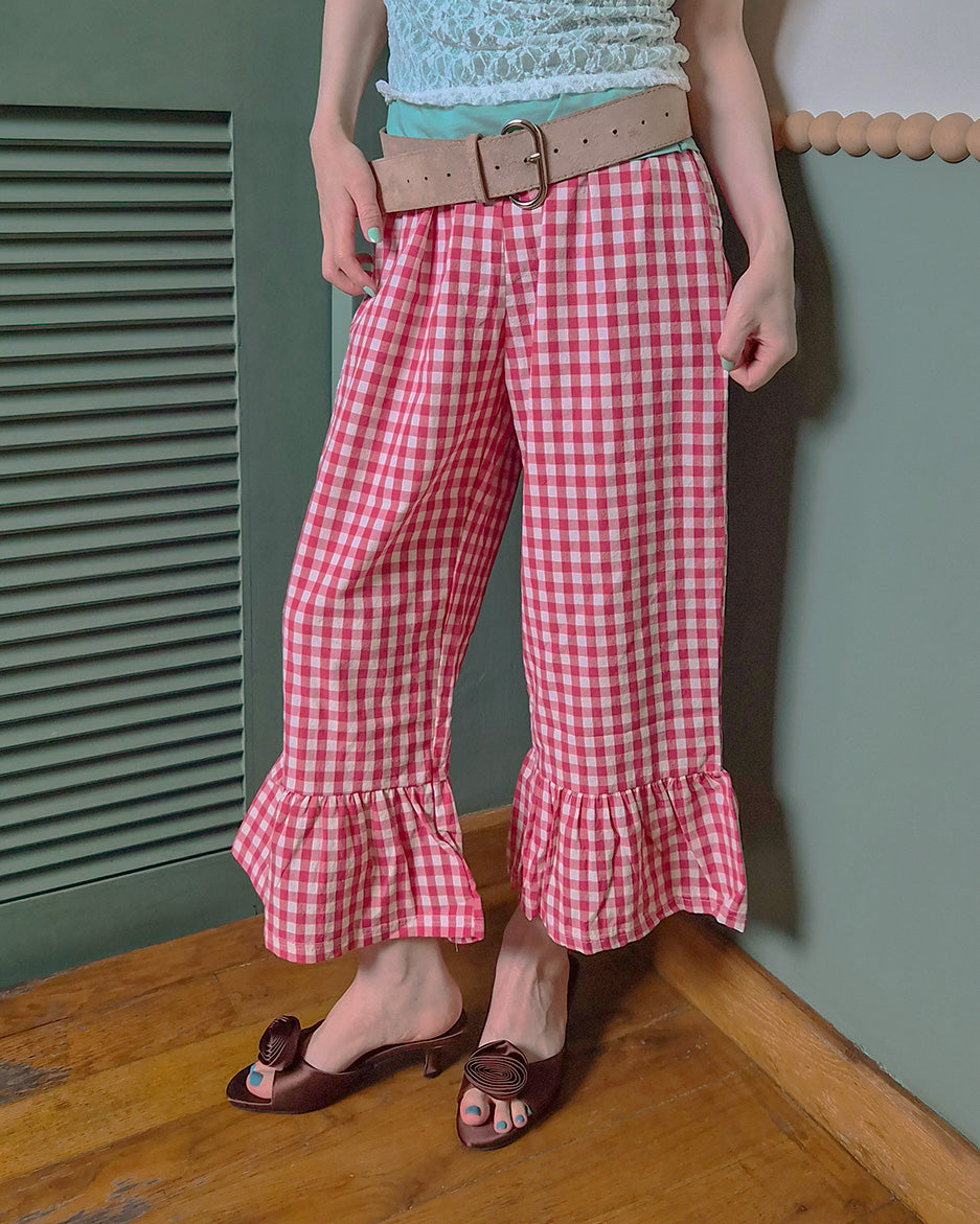 gingham check hem frill pants
