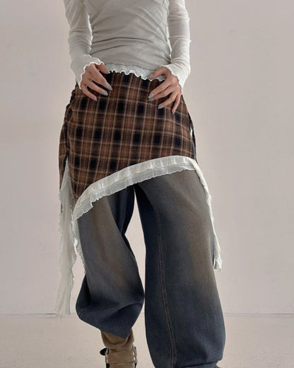 unbalanced check layered wrap skirt