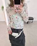 blurred flower sheer long sleeve T