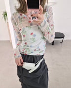 blurred flower sheer long sleeve T