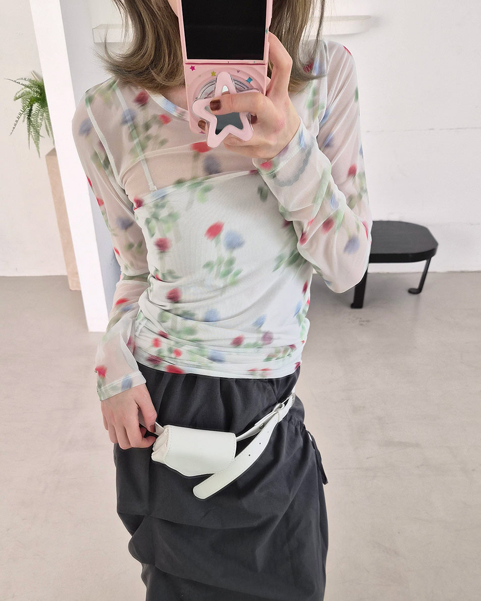 blurred flower sheer long sleeve T