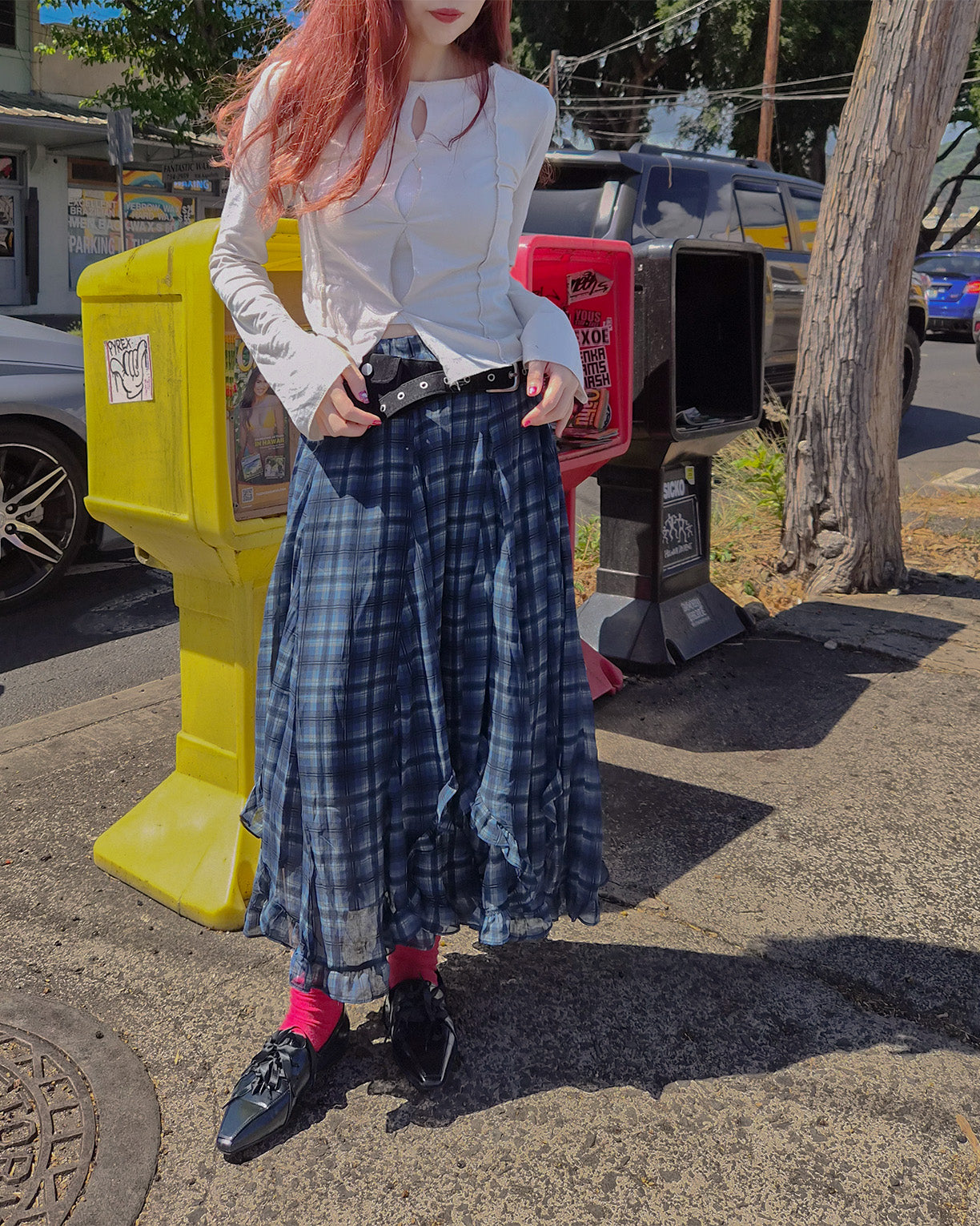 asymmetry check frill skirt