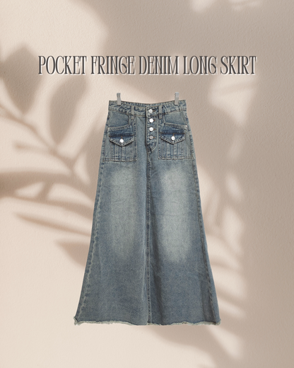 pocket fringe denim long skirt