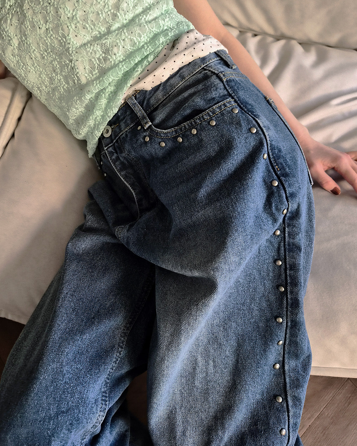 side studs wide denim