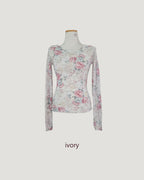 blurred rose V neck long sleeve top
