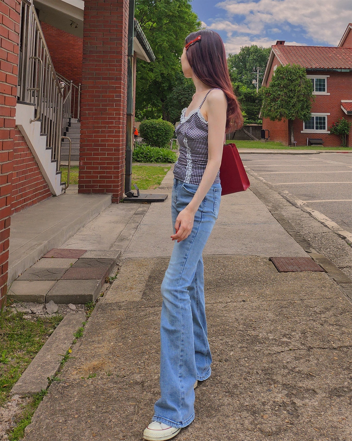 gingham check lace point camisole