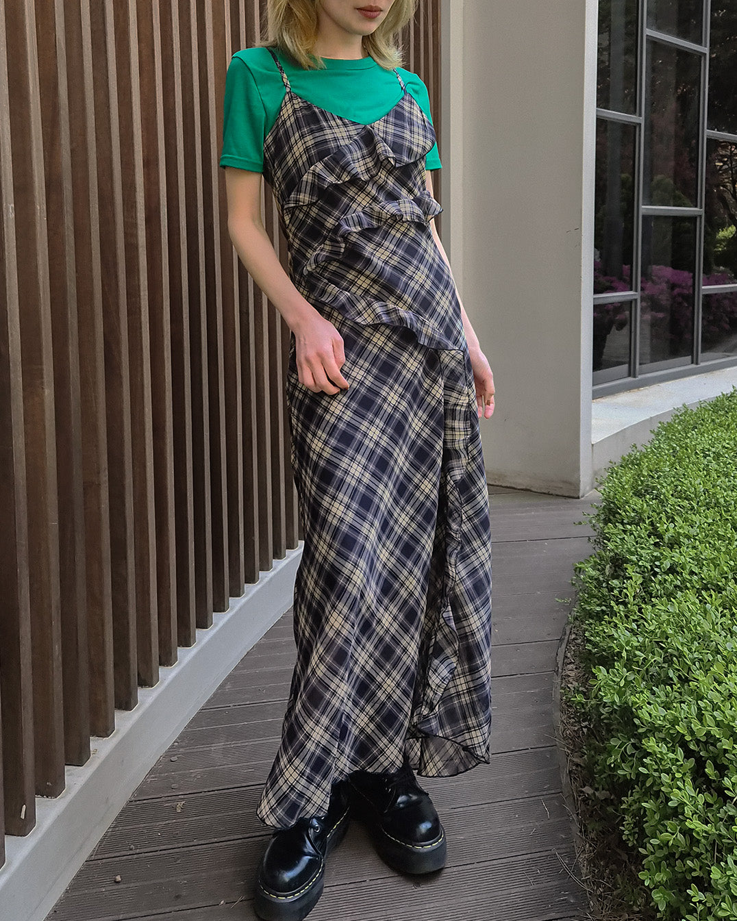 check frill long dress