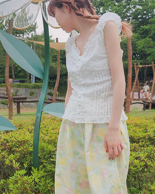 cotton lace frill sleeve less blouse