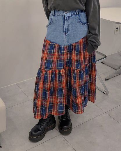 denim switching check skirt