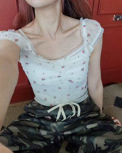 flower sheer puff blouse