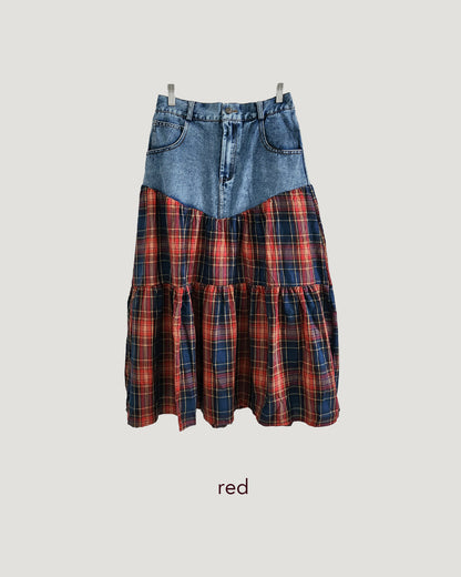 denim switching check skirt