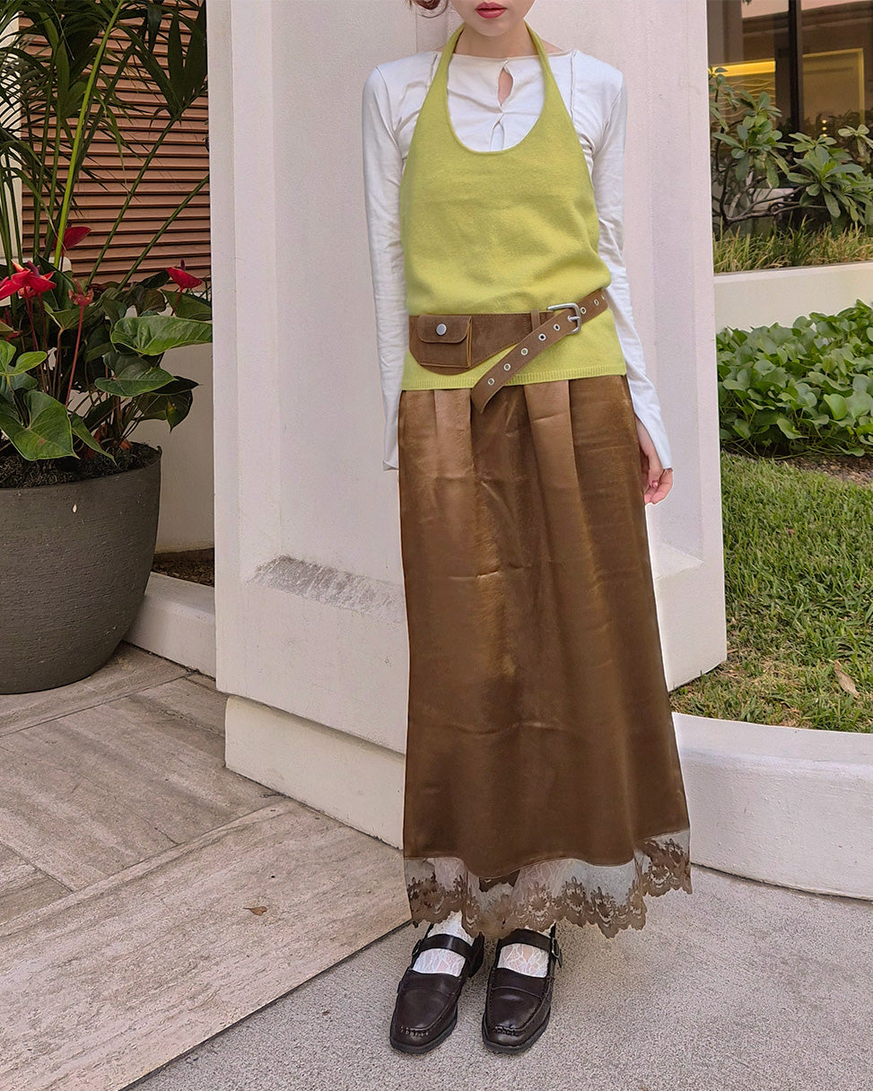 satin lace point long skirt