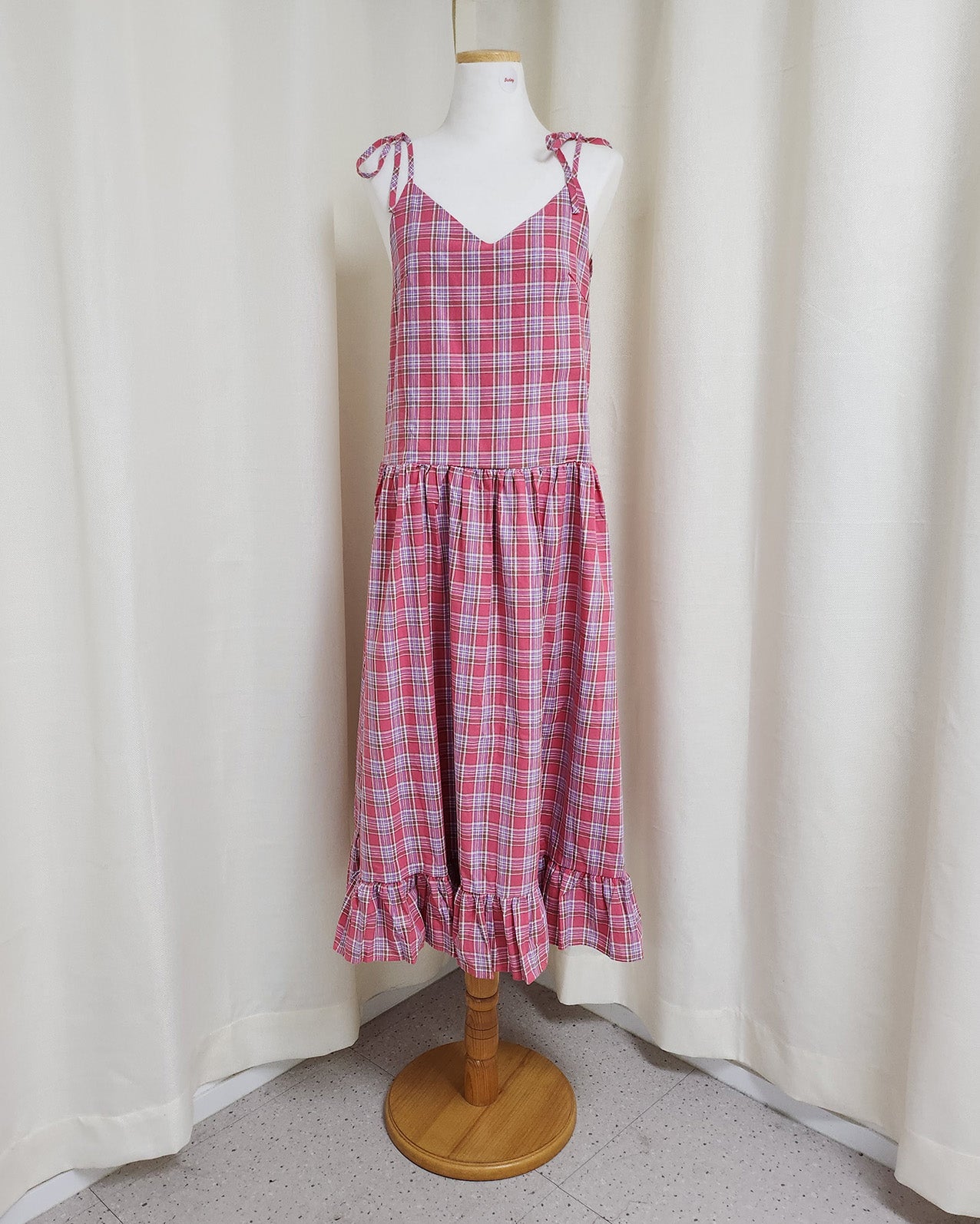 check frill belt long dress