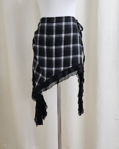 unbalanced check layered wrap skirt